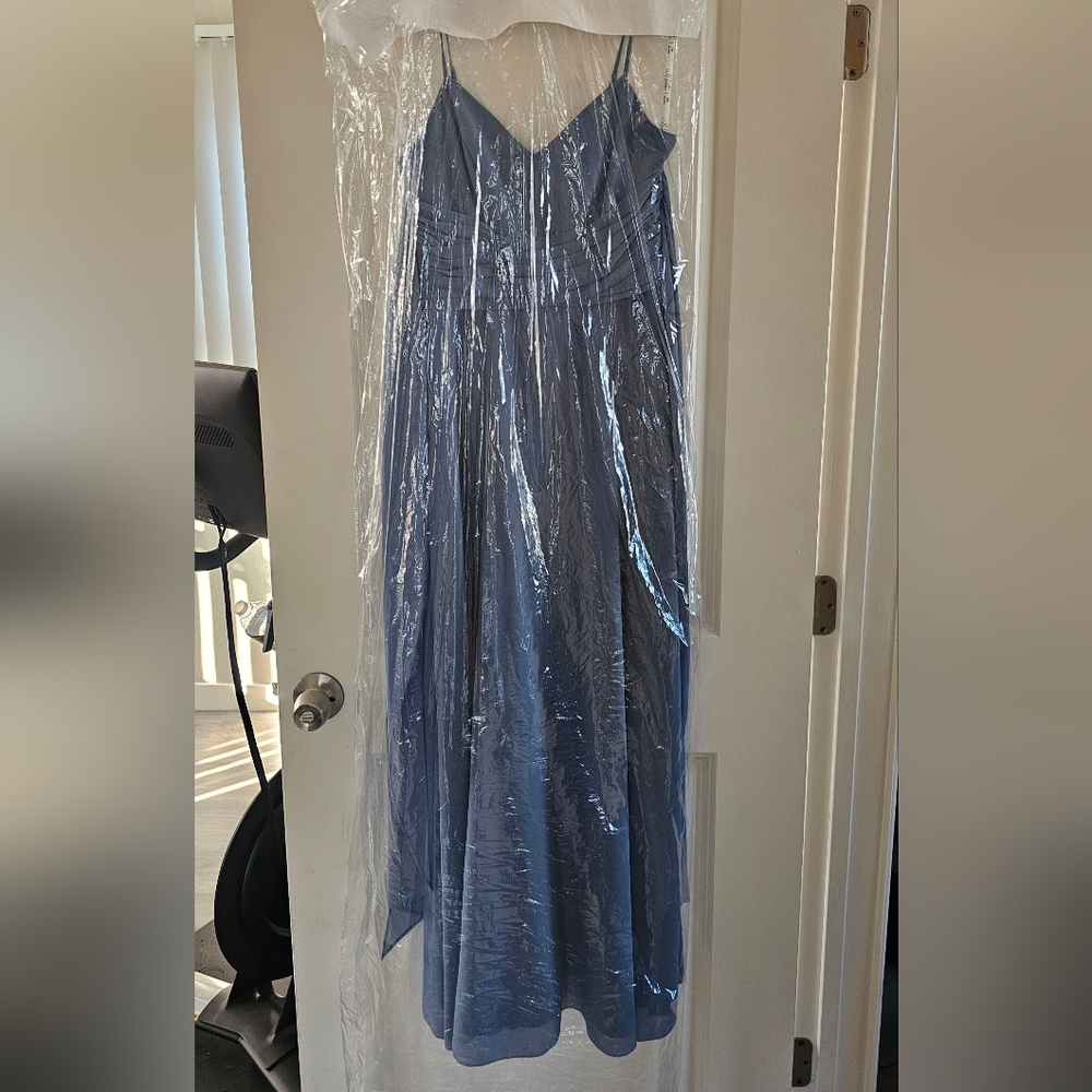 David's Bridal Chiffon Steel BLUE Maxi Dress W Pockets - Picture 7 of 8